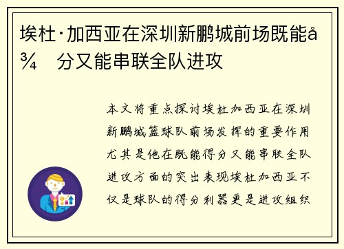 埃杜·加西亚在深圳新鹏城前场既能得分又能串联全队进攻